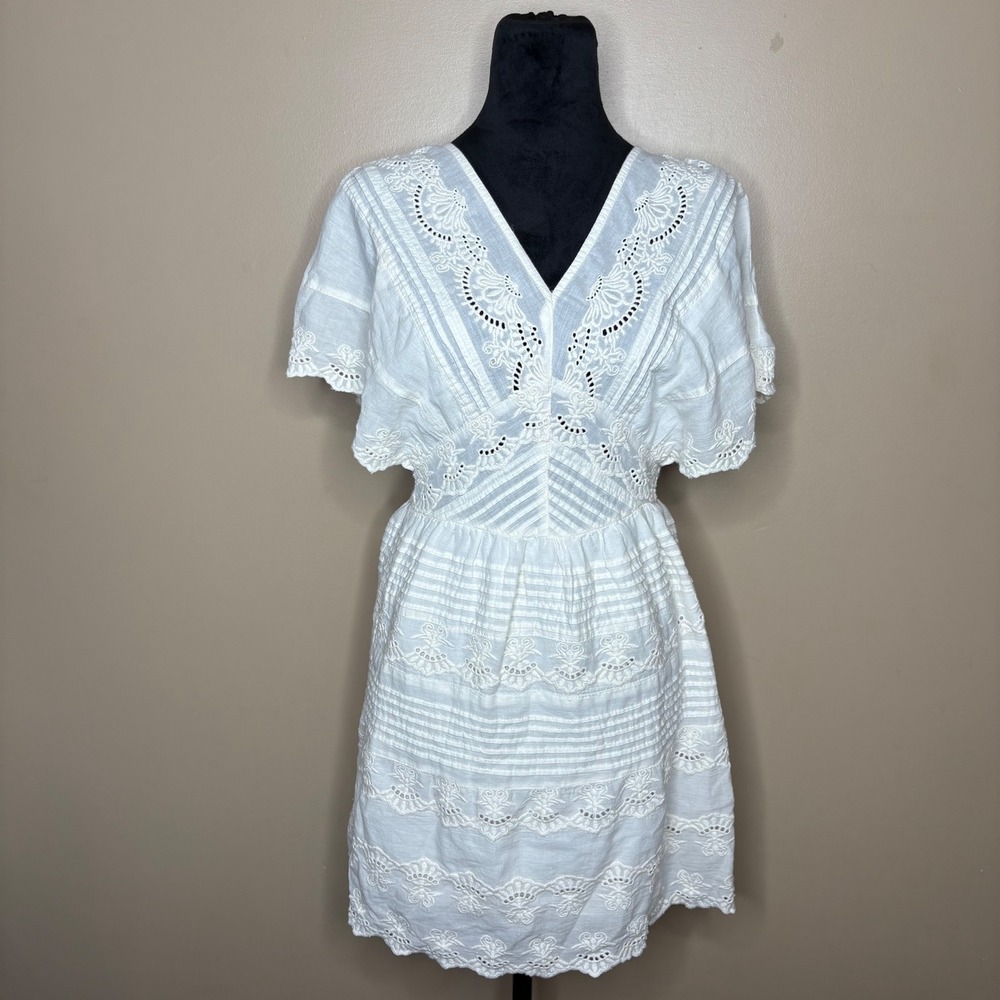 Amuse Society White Eyelet Lace Mini Dress Open Back Boho Cotton Womens Size S